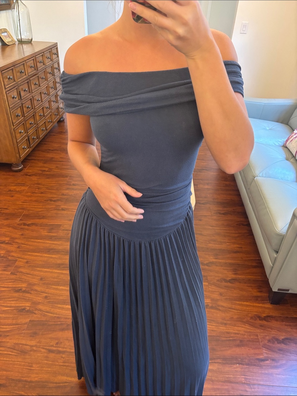 REVOLVE Off-Shoulder Pleated Maxi Dress in Charcoal - Picture 3 of 5
